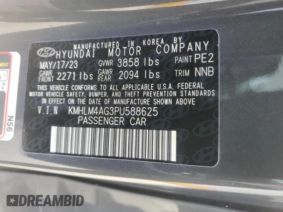 2023 Hyundai Elantra SEL with VIN KMHLM4AG3PU588625, listed as a Copart auction lot 54738485 with 19,756 mi miles and Salvage title. Bid and sale history available at DreamBid. Image 13.