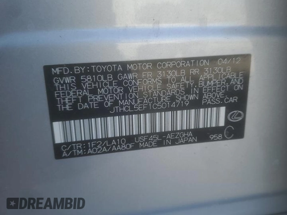 2012 Lexus LS 460 with VIN JTHCL5EF1C5014719, listed as a Copart auction lot 41970505 with Not provided miles and Salvage title. Bid and sale history available at DreamBid. Image 14.