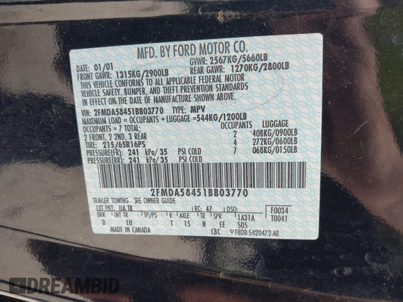 2001 Ford Windstar LTD with VIN 2FMDA58451BB03770, listed as a IAAI auction lot 42019738 with 209,452 mi miles and . Bid and sale history available at carsss.com. Image 9.