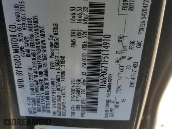 2015 Ford Fusion S with VIN 1FA6P0G71F5114910, listed as a Copart auction lot 48215545 with 192,473 mi miles and Salvage Title. Bid and sale history available at carsss.com. Image 14.