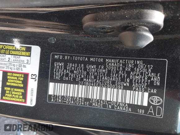 2012 Toyota Corolla L with VIN 2T1BU4EE2CC900398, listed as a IAAI auction lot 42031446 with 94,741 mi miles and . Bid and sale history available at carsss.com. Image 9.