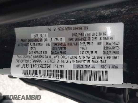 2018 Mazda CX-5 Grand Touring with VIN JM3KFBDM2J0400828, listed as a IAAI auction lot 42540846 with 254,672 mi miles and . Bid and sale history available at DreamBid. Image 9.