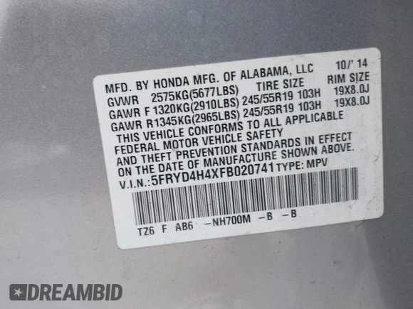 2015 Acura MDX Technology with VIN 5FRYD4H4XFB020741, listed as a IAAI auction lot 42265384 with 104,656 mi miles and . Bid and sale history available at DreamBid. Image 9.