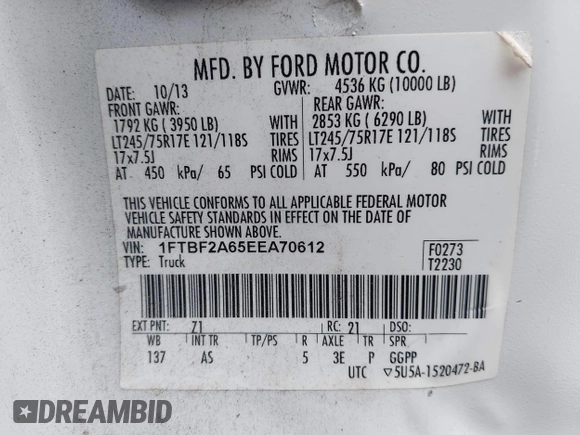 2014 Ford F-250 XL with VIN 1FTBF2A65EEA70612, listed as a IAAI auction lot 42707134 with 235,156 mi miles and . Bid and sale history available at DreamBid. Image 9.
