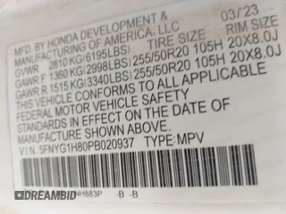 2023 Honda Pilot Elite with VIN 5FNYG1H80PB020937, listed as a IAAI auction lot 42024743 with 20,740 mi miles and . Bid and sale history available at DreamBid. Image 9.