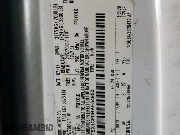 2017 Ford F-150 XL with VIN 1FTEX1CF0HKE54952, listed as a Copart auction lot 41434955 with 181,807 mi miles and Salvage Title. Bid and sale history available at carsss.com. Image 12.