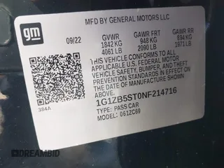 2022 Chevrolet Malibu LS with VIN 1G1ZB5ST0NF214716, listed as a IAAI auction lot 41038552 with Not Provided miles and . Bid and sale history available at DreamBid. Image 9.