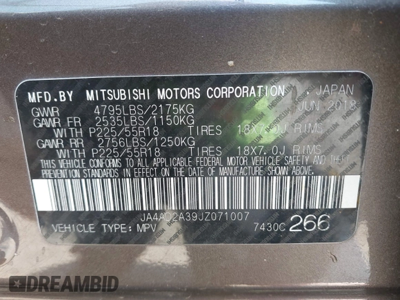 2018 Mitsubishi Outlander ES z VIN JA4AD2A39JZ071007, wystawiony jako IAAI lot #42114991 z przebiegiem 84 422 mil mil oraz . Historia ofert i sprzedaży dostępna na DreamBid. Obrazek 9.