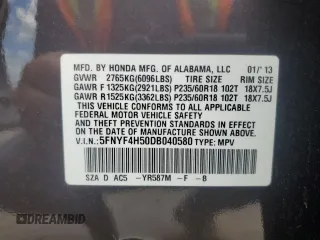 2013 Honda Pilot EX-L z VIN 5FNYF4H50DB040580, wystawiony jako Copart lot #58377135 z przebiegiem 145 518 mil mil oraz Szkoda całkowita • Salvage title. Historia ofert i sprzedaży dostępna na DreamBid. Obrazek 13.