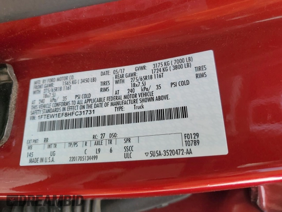 2017 Ford F-150 XL с VIN 1FTEW1EF8HFC31731, выставлен на аукционе Copart как лот 57499015 с пробегом 76 966 миль миль и Списание • Salvage title. История ставок и продаж доступна на DreamBid. Изображение 13.