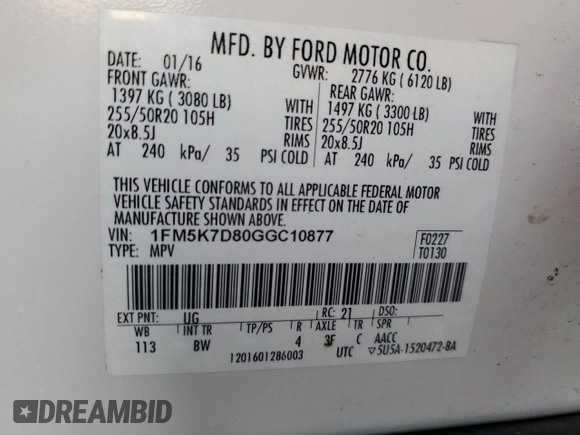 2016 Ford Explorer XLT with VIN 1FM5K7D80GGC10877, listed as a Copart auction lot 54440285 with 99,179 mi miles and Non Repairable. Bid and sale history available at carsss.com. Image 12.