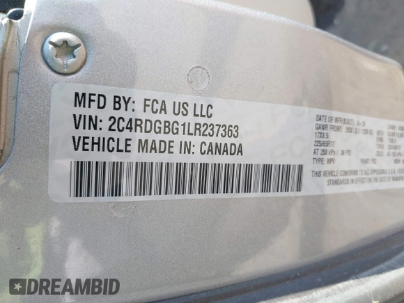 2020 Dodge Grand Caravan SE with VIN 2C4RDGBG1LR237363, listed as a IAAI auction lot 40096749 with 120,742 mi miles and . Bid and sale history available at DreamBid. Image 9.