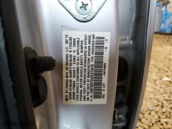 2013 Honda Civic Sdn LX with VIN 19XFB2F5XDE273415, listed as a Copart auction lot 52092405 with 245,502 mi miles and Salvage Title. Bid and sale history available at carsss.com. Image 14.