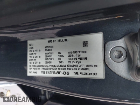 2022 Tesla Model 3 with VIN 5YJ3E1EA6NF143839, listed as a IAAI auction lot 40905007 with 83,897 mi miles and . Bid and sale history available at DreamBid. Image 9.
