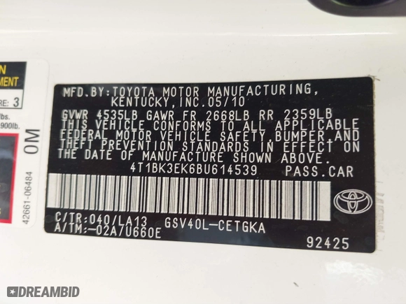 2011 Toyota Camry LE with VIN 4T1BK3EK6BU614539, listed as a IAAI auction lot 41874492 with 129,870 mi miles. Bid and sale history available at carsss.com. Image 9.