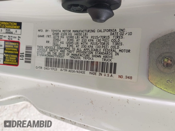 2010 Toyota Tacoma with VIN 5TENX4CN9AZ733097, listed as a IAAI auction lot 41818240 with 83,910 mi miles and . Bid and sale history available at DreamBid. Image 9.