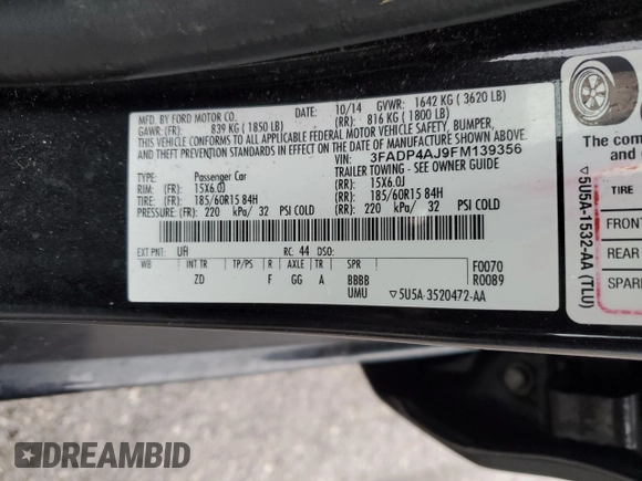 2015 Ford Fiesta S with VIN 3FADP4AJ9FM139356, listed as a Copart auction lot 46588365 with 152,729 mi miles and Salvage Title. Bid and sale history available at DreamBid. Image 12.