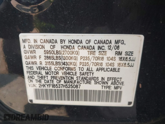 2007 Honda Pilot EX-L с VIN 2HKYF18537H525087, выставлен на аукционе IAAI как лот 42463745 с пробегом 228 196 миль миль и . История ставок и продаж доступна на DreamBid. Изображение 9.