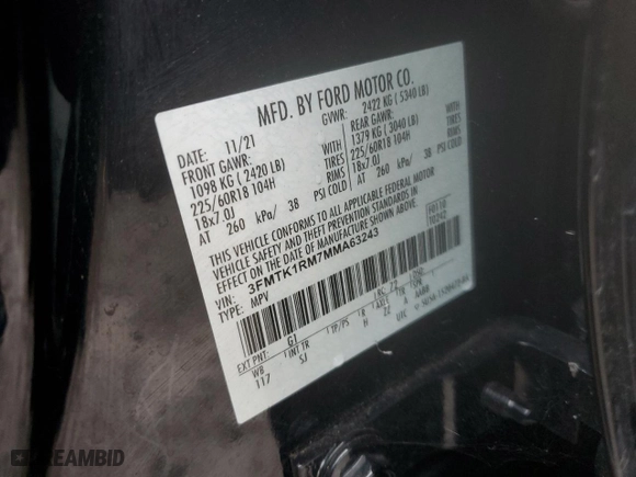 2021 Ford Mustang Mach-E Select with VIN 3FMTK1RM7MMA63243, listed as a Copart auction lot 43868875 with 97,211 mi miles and Salvage Title. Bid and sale history available at carsss.com. Image 15.