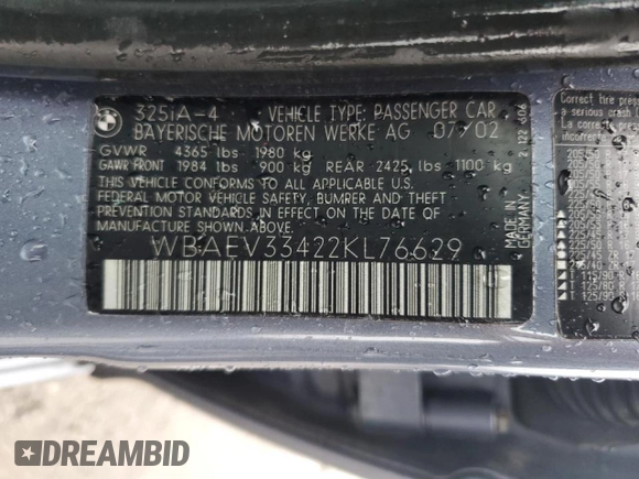 2002 BMW 3 Series 325i z VIN WBAEV33422KL76629, wystawiony jako Copart lot #55830295 z przebiegiem Nie podano mil oraz Szkody całkowita. Historia ofert i sprzedaży dostępna na DreamBid. Obrazek 12.