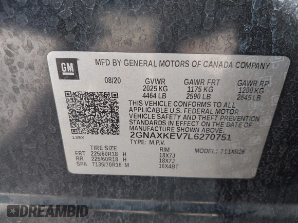 2020 Chevrolet Equinox LT with VIN 2GNAXKEV7L6270751, listed as a IAAI auction lot 41898301 with 50,050 mi miles. Bid and sale history available at carsss.com. Image 9.
