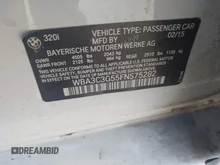 2015 BMW 3 Series 320i xDrive с VIN WBA3C3G55FNS75282, выставлен на аукционе IAAI как лот 41336850 с пробегом 120 856 миль миль и . История ставок и продаж доступна на DreamBid. Изображение 9.