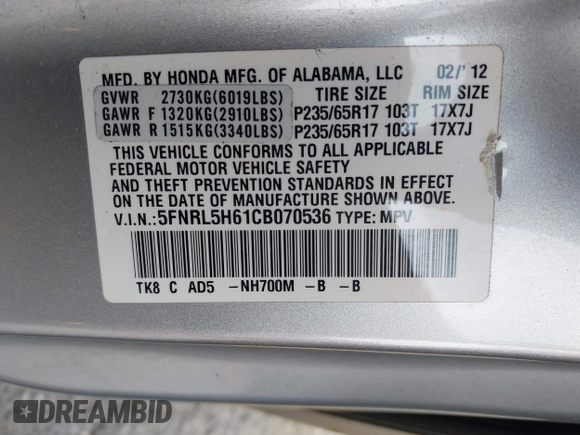 2012 Honda Odyssey EX-L с VIN 5FNRL5H61CB070536, выставлен на аукционе IAAI как лот 42246934 с пробегом 239 930 миль миль и . История ставок и продаж доступна на DreamBid. Изображение 9.