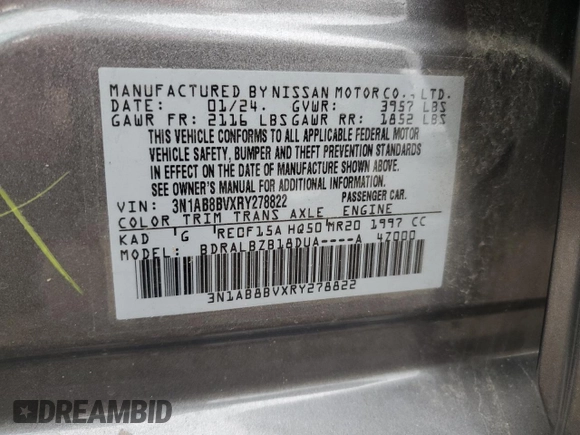2024 Nissan Sentra S z VIN 3N1AB8BVXRY278822, wystawiony jako Copart lot #55658075 z przebiegiem 24 809 mil mil oraz Szkoda całkowita • Salvage title. Historia ofert i sprzedaży dostępna na DreamBid. Obrazek 13.