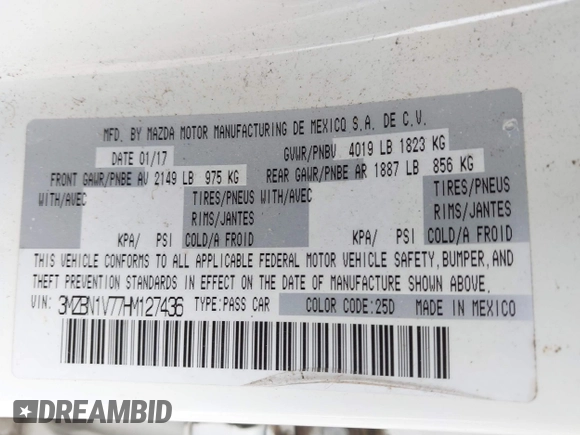 2017 Mazda 3 Touring with VIN 3MZBN1V77HM127436, listed as a IAAI auction lot 41654160 with 178,338 mi miles and . Bid and sale history available at DreamBid. Image 9.