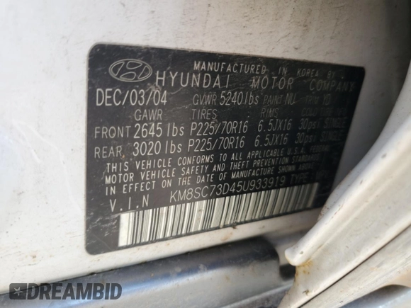 2005 Hyundai Santa Fe GLS с VIN KM8SC73D45U933919, выставлен на аукционе Copart как лот 56297835 с пробегом 153 513 миль миль и На запчасти • Non repairable. История ставок и продаж доступна на DreamBid. Изображение 12.