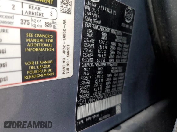2019 Land Rover Range Rover Sport HSE with VIN SALWR2RKXKA846321, listed as a Copart auction lot 48511344 with 63,005 mi miles and Clean Title. Bid and sale history available at carsss.com. Image 14.