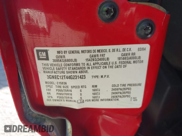 2004 Chevrolet Avalanche Z66 с VIN 3GNEC12T44G231423, выставлен на аукционе IAAI как лот 42072827 с пробегом 200 999 миль миль и . История ставок и продаж доступна на DreamBid. Изображение 9.