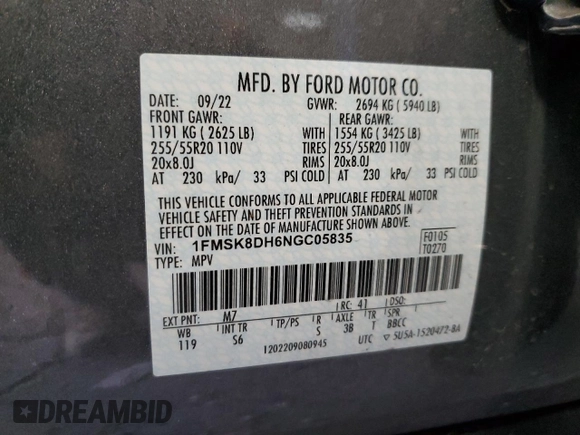2022 Ford Explorer XLT with VIN 1FMSK8DH6NGC05835, listed as a Copart auction lot 56245535 with 54,839 mi miles and Salvage title. Bid and sale history available at DreamBid. Image 13.