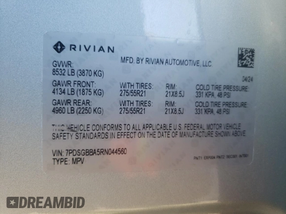 2024 Rivian R1S Adventure z VIN 7PDSGBBA5RN044560, wystawiony jako Copart lot #70594924 z przebiegiem 2449 mil mil oraz Szkody całkowita. Historia ofert i sprzedaży dostępna na DreamBid. Obrazek 13.