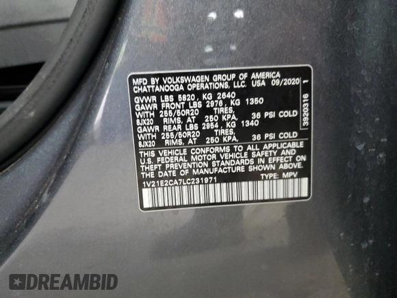 2020 Volkswagen Atlas SE with VIN 1V21E2CA7LC231971, listed as a Copart auction lot 52866725 with 75,621 mi miles and Salvage title. Bid and sale history available at DreamBid. Image 16.