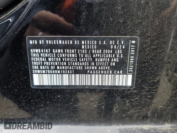 2024 Volkswagen Jetta S с VIN 3VW5M7BU6RM102431, выставлен на аукционе Copart как лот 58212985 с пробегом 6 065 миль миль и Списание • Salvage title. История ставок и продаж доступна на DreamBid. Изображение 12.