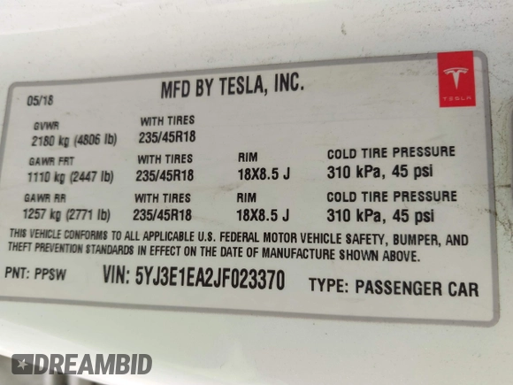 2018 Tesla Model 3 Long Range Battery with VIN 5YJ3E1EA2JF023370, listed as a IAAI auction lot 42008406 with 163,474 mi miles and . Bid and sale history available at DreamBid. Image 9.
