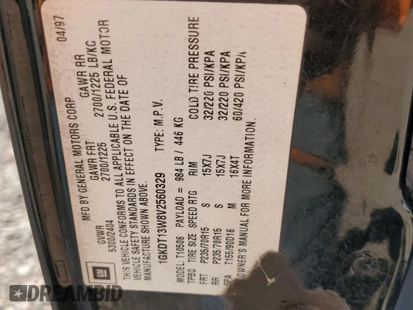 1997 GMC Jimmy SLS with VIN 1GKDT13W8V2560329, listed as a Copart auction lot 80992204 with 231,051 mi miles and Salvage Title. Bid and sale history available at carsss.com. Image 12.