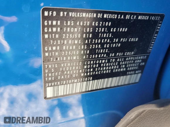 2023 Volkswagen Taos SE z VIN 3VVYX7B29PM321078, wystawiony jako Copart lot #41563715 z przebiegiem Nie podano mil oraz Nie do naprawy • Non repairable. Historia ofert i sprzedaży dostępna na DreamBid. Obrazek 15.