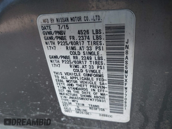 2015 Nissan Rogue S with VIN JN8AS5MVXFW770931, listed as a IAAI auction lot 41575344 with 160,556 mi miles and . Bid and sale history available at DreamBid. Image 9.