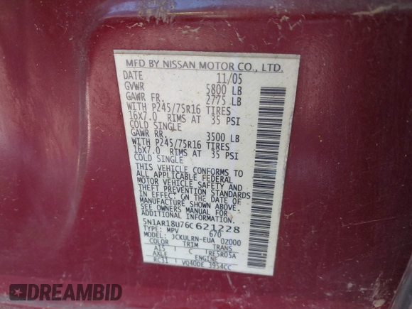 2006 Nissan Pathfinder SE z VIN 5N1AR18U76C621228, wystawiony jako IAAI lot #42178373 z przebiegiem 209 156 mil mil oraz . Historia ofert i sprzedaży dostępna na DreamBid. Obrazek 9.