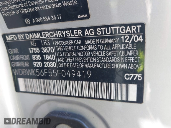 2005 Mercedes-Benz SLK 230/320 with VIN WDBWK56F55F049419, listed as a IAAI auction lot 42258163 with 36,803 mi miles and . Bid and sale history available at DreamBid. Image 9.