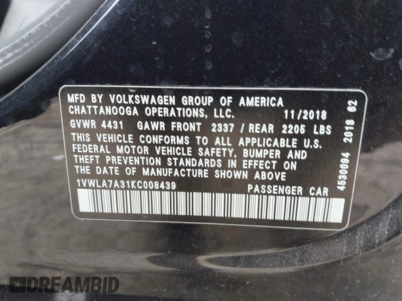 2019 Volkswagen Passat 2.0T Wolfsburg Edition with VIN 1VWLA7A31KC008439, listed as a IAAI auction lot 41472658 with 105,164 mi miles. Bid and sale history available at carsss.com. Image 9.