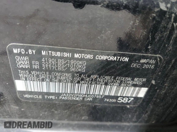2017 Mitsubishi Lancer ES with VIN JA32V2FW0HU007857, listed as a Copart auction lot 63596254 with 175,231 mi miles and Salvage Title. Bid and sale history available at carsss.com. Image 13.
