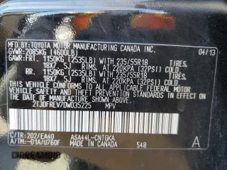 2013 Toyota RAV4 Limited with VIN 2T3DFREV7DW035225, listed as a Copart auction lot 64301265 with 136,071 mi miles and Salvage title. Bid and sale history available at DreamBid. Image 13.