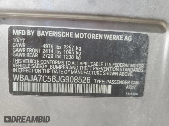 2018 BMW 5 Series 530i xDrive with VIN WBAJA7C58JG908526, listed as a Copart auction lot 53632695 with 172,928 mi miles and Clean Title. Bid and sale history available at carsss.com. Image 12.