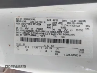 2022 Ford F-250 XL с VIN 1FT7W2B68NED77390, выставлен на аукционе IAAI как лот 41934588 с пробегом 193 568 миль миль и . История ставок и продаж доступна на DreamBid. Изображение 9.