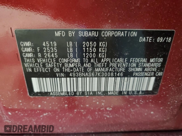 2019 Subaru Legacy Sport with VIN 4S3BNAS67K3008146, listed as a Copart auction lot 48481935 with 44,237 mi miles and Salvage Title. Bid and sale history available at carsss.com. Image 12.