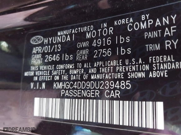 2013 Hyundai Genesis 3.8L with VIN KMHGC4DD9DU239485, listed as a IAAI auction lot 41930475 with 309,349 mi miles. Bid and sale history available at carsss.com. Image 9.