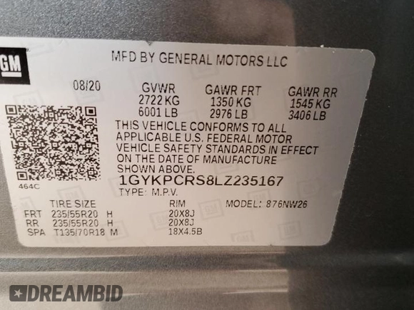 2020 Cadillac XT6 FWD Premium Luxury with VIN 1GYKPCRS8LZ235167, listed as a Copart auction lot 51710695 with 42,623 mi miles and Salvage Title. Bid and sale history available at carsss.com. Image 13.
